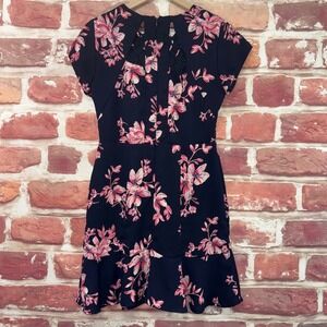 Eclair Dress Women's Small Dark Blue Multicolor Floral Ruffle Casual Zip Up